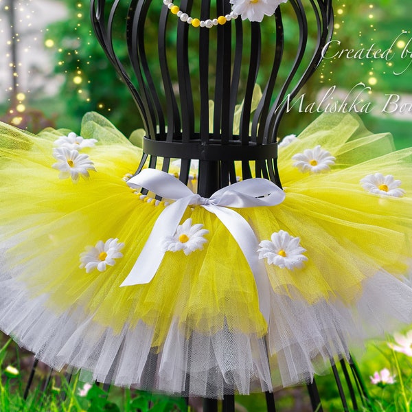 Daisy Flower Tutu, Yellow White First Birthday Outfit, Baby Girl, Layered, full, Beauty Pageant, Flower Girl Skirt Ribbon Newborn Photo Prop
