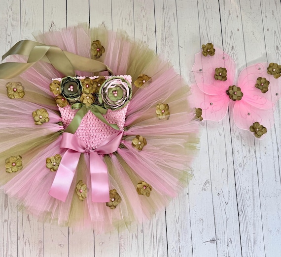 Fairy Costume, Baby Girl Cake Smash Birthday Outfit, Tutu Flower Crochet Tube Top Butterfly Pixie Wings, Moss Sage Olive Dress Newborn Photo
