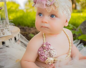 Cream Dusty Rose Glass Pearl Beaded Necklace, Baby Girl first birthday outfit toddler fabric flower girl Newborn photo prop, Infant Jewelry