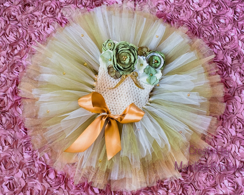 Baby Girl First Birthday Outfit Tutu Crochet Top Set Cream Gold Moss Sage Olive Green Fabric flowers dress glass pearl beads layered pageant