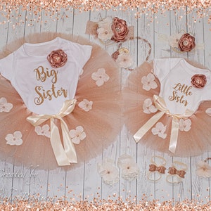 Big Little Sister Matching Outfits, Flower Tutu, Glitter Bodysuit, Tee Shirt, Fabric Headband, Pearl Necklace Bracelet, Barefoot Sandals
