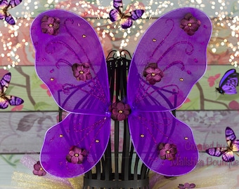 Purple Gold Butterfly Fairy Wings Glitter Flowers Pearl Bead Baby Girl Costume First Birthday Party Dress Up Toddler Photo Prop Outfit Pixie