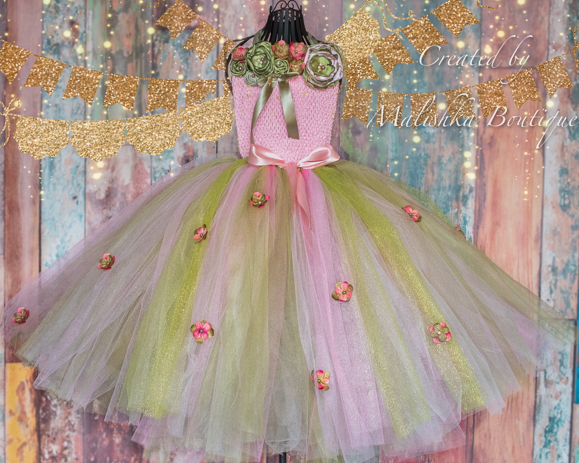 Long Tutu Dress, Flower Top, Pink Moss Sage Green, Fairy