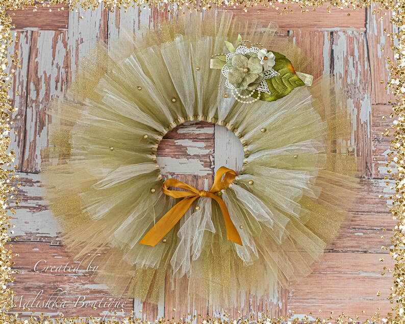 Baby Girl First Birthday Outfit Tutu Crochet Top Set Cream Gold Moss Sage Olive Green Fabric flowers dress glass pearl beads layered pageant