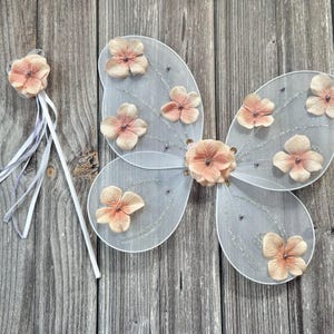 Fairy Wings Wand Set, White Lavender Butterfly Garden Birthday Party Outfit, Fabric Silk Flowers, Ribbon Streamers, Cake Smash Baby Girl