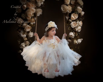 Long Lace Tutu Dress Fabric Headband Outfit, Cream Ivory, Over the top, large flowers, Pearls, Gemstone, Feathers, Flower Girl, Tube Top