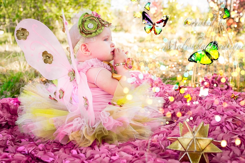 Puede incluir: Una ni&ntilde;a peque&ntilde;a con un tut&uacute; rosa y amarillo con alas de mariposa y una diadema de flores. Est&aacute; sentada sobre un fondo de p&eacute;talos de flores rosas con una estrella dorada en primer plano. La imagen tiene el texto "Created by Malashaka Boutique" en la esquina superior derecha.
