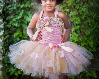 Flower Tutu Top Outfit, Glitter Champagne Light Dress, Baby Girl Fairy Birthday Cake Smash Photo Outfit Beauty Pageant Crochet Fabric