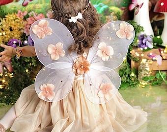 Fairy Wings, Baby Girl Butterfly Flowers Pearls, Beige Garden Party, Costume, Cake Smash Photo Outfit, 6 month Photos, Taupe, Mesh