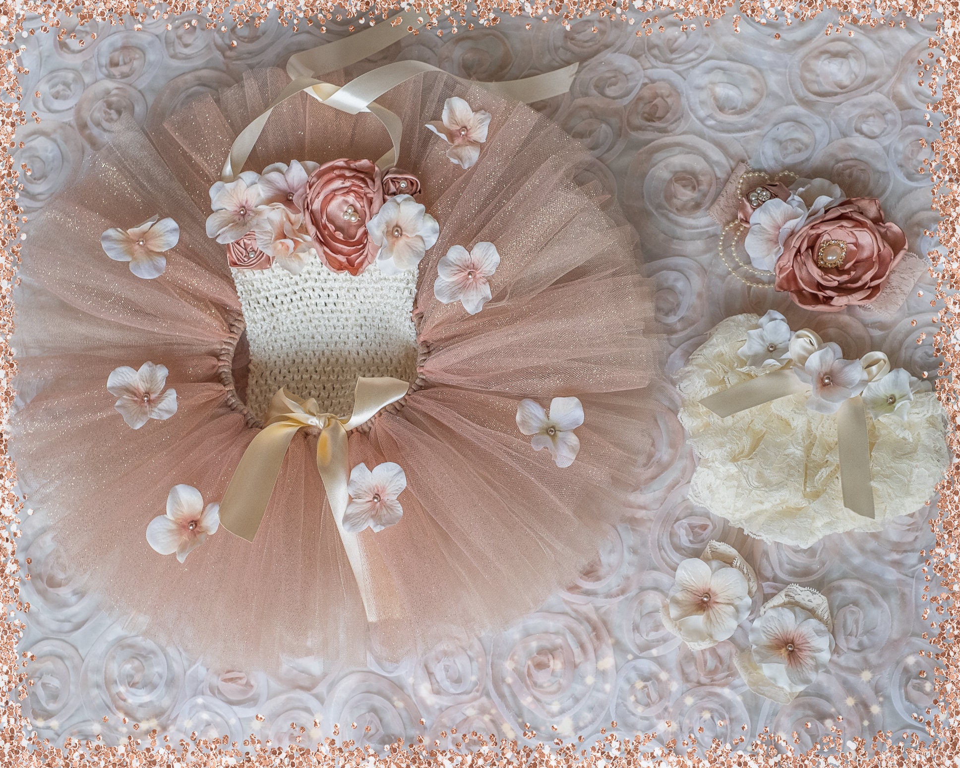 Cake Smash Tutu Outfit Set, Cream Fabric Flower Top, Over The Top Headband, Lace Diaper Cover, Barefoot Sandals, Birthday Baby Girl, 6 Month