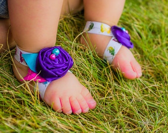 Baby Girl Barefoot Sandals, Butterfly Purple Turquoise Hot Pink Stretchy Shoes, Satin Rosette, Bright First Birthday Outfit, Newborn Gift