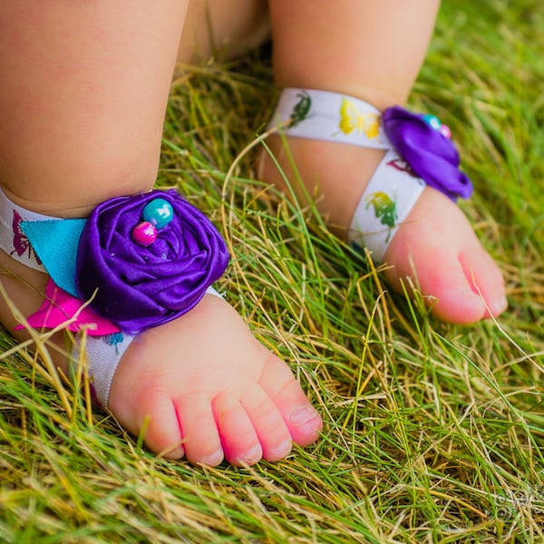 Baby Girl Barefoot Sandals, Butterfly Purple Turquoise Hot Pink Stretchy Shoes, Satin Rosette, Bright First Birthday Outfit, Newborn Gift