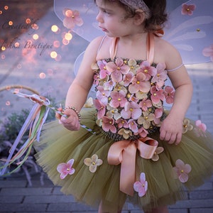 Tutu Top Fairy Birthday Cake Smash Outfit, Moss Olive Sage  Fabric Flowers tulle Dress, Beige, Beauty Pageant, 6 month photos, Dusty Peach