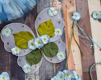 Butterfly Flower Fairy Wings and Ribbon Streamer Wand, Fairy Hydrangea Garden Birthday Party Outfit, light sky aqua, moss green pearl beads