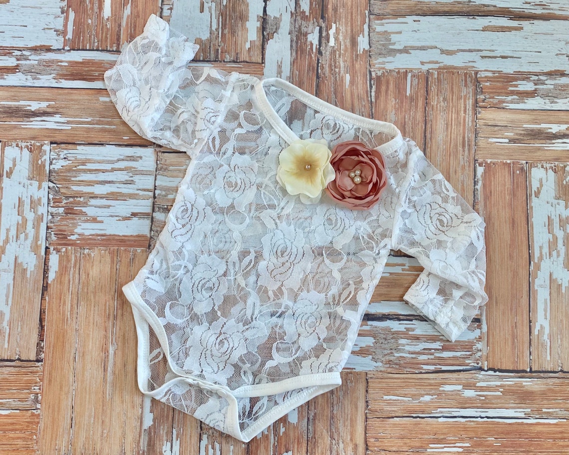 Baby Girl Lace Bodysuit Long Sleeve Cotton Top With Ribbon Etsy