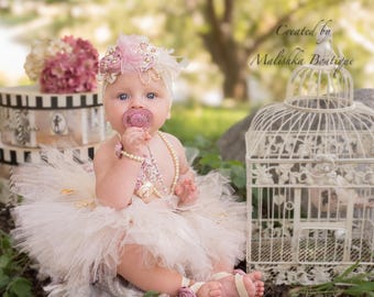 Fairy Cream Flower Tutu Outfit, large fabric Headband Pearl Bracelet Necklace, Ruffle Lace Diaper Cover, Wings Set Dusty Rose Mauve Feathers