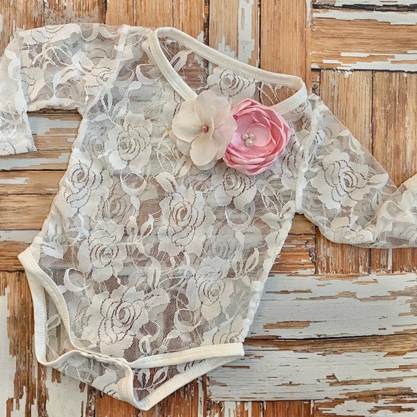 Lace Bodysuit, Baby Girl Off White Long Sleeve Cotton, fabric flowers, pearls, Birthday Cake Smash Photo Outfit, Shower Gift, light pale
