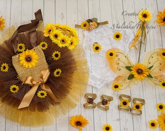 Sunflower Tutu Outfit, Garden Fairy butterfly wings, wand, hair crown, fabric flower headband, barefoot sandals, pearl bracelet diaper cover