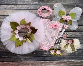 Fairy Cake smash flower tutu outfit, lace bodysuit, butterfly wings, wand, newborn barefoot sandals, pearl bracelet, lace diaper cover, moss