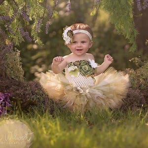 Cake Smash Garden Fairy Tutu Outfit, Baby Girl Cream Moss Olive Birthday Party Photos, tube top fabric headband set, sage layered, pageant