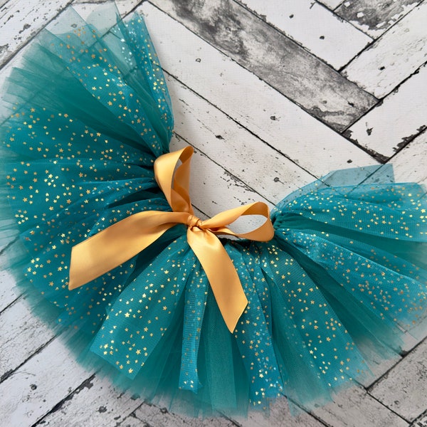 Gold Stars Teal tutu, shiny twinkle little star theme cake smash birthday girl tulle skirt, half birthday, 6 month photo outfit newborn gift