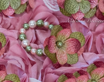 Pearl Bead Flower Bracelet Baby Girl Light Pink Moss Sage Olive Green Garden Fairy First Birthday Outfit Jewelry Gift Newborn 6 month Photos
