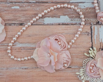 Blush Pearl Flower Necklace, Baby Girl Elastic silk rosette, Cake Smash Newborn Photo Prop, Infant Jewelry, Light Pale Peach, Shower Gift