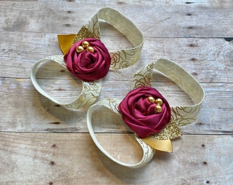 Baby Girl Barefoot Sandals, Maroon Burgundy Glitter Gold Stretchy Satin Rosette Pearl Beads First Birthday Outfit Newborn prop Gift deep red