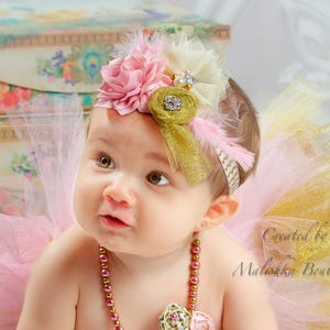 Over the top headband, Baby Girl Fabric Flower Feather, Gemstone, rhinestones, Tulle, cream sparkly glitter rosettes, Birthday Outfit Photos