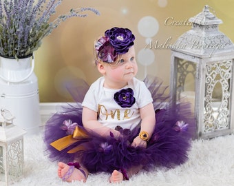 Cake Smash Photo Outfit, Baby Girl Eggplant Birthday Flower Tutu, Bodysuit Creeper, Over the Top Large Fabric Headband, 1st Party, Plum