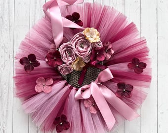 Burgundy Dusty Rose Cake Smash Tutu Fairy Outfit, Tulle Dress, fabric flower top, elastic gemstone headband, butterfly fairy wings, wand
