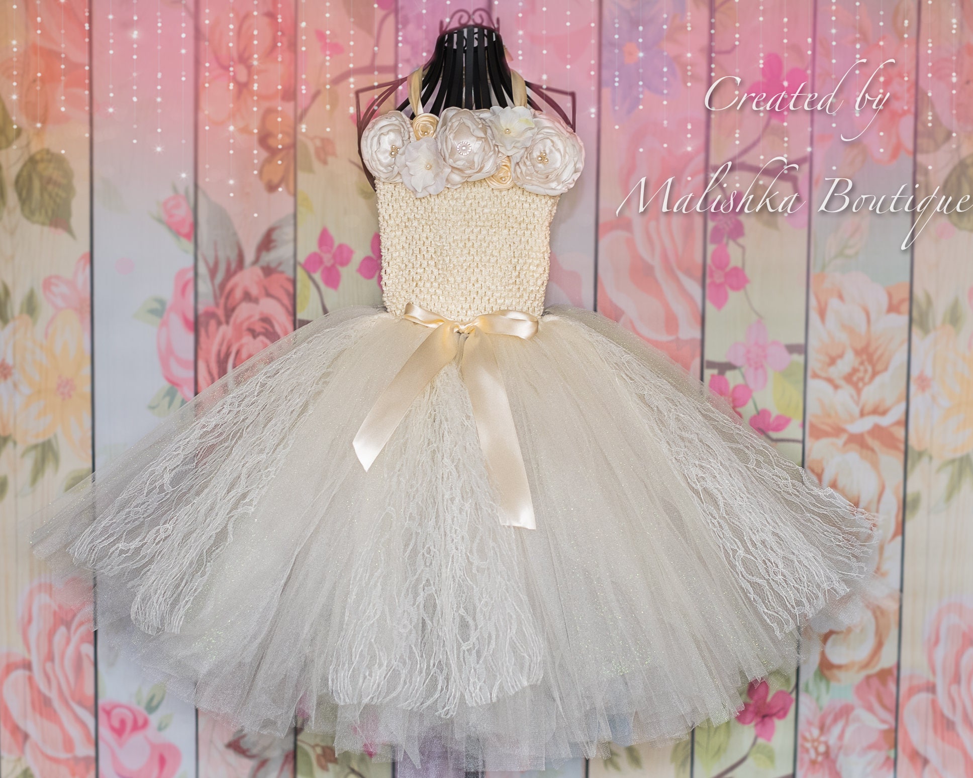 Cream Long Lace Tutu Dress, Flower Girl, Fabric Flower Top