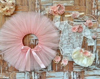 Blush Tutu Cake Smash Outfit, Cream lace bodysuit, fabric flower headband, pearl necklace bracelet, diaper cover barefoot sandals, Baby Girl