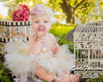 Girls Over the Top Tutu Outfit cream large fabric Headband Pearl Bracelet Necklace Set Dusty Rose Pink Blush Feathers flower first baby