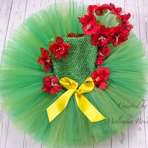 Luau Tutu Skirt, Top, Hair Crown Headband Outfit, Tulle azalea flower, apple, elastic Hawaii Island cake smash party costume baby photoshoot