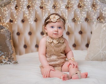 Romper Cake Smash Photo Outfit, Headband, Pearl Bracelet, Barefoot Sandals Set, Beige Cream and Champagne, Half Birthday Girl, Baby Shower