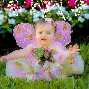 May include: A baby dressed in a pink and green fairy costume, complete with wings and a tutu. The costume is adorned with floral accents. The baby is sitting in green grass, with a blurred background of flowers and lights.