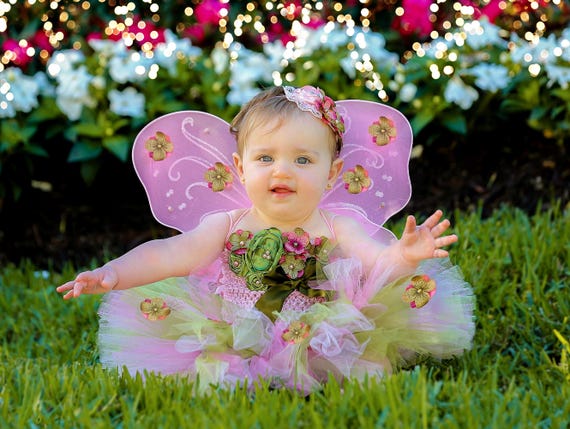 Fairy Costume, Baby Girl Cake Smash Birthday Outfit, Tutu Flower Crochet Tube Top Butterfly Pixie Wings, Moss Sage Olive Dress Newborn Photo