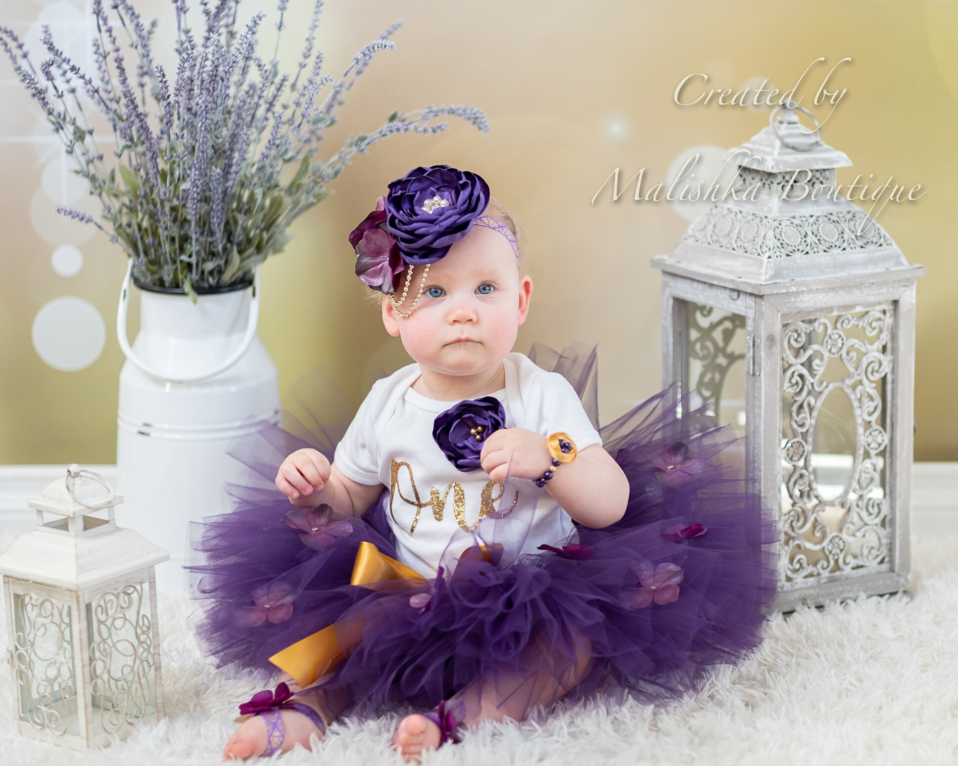 First Birthday Girl 5 Piece Outfit, Baby Cake Smash Set, Eggplant Purple Gold Tutu, Bodysuit, Headband, Pearl Bracelet Barefoot Sandals