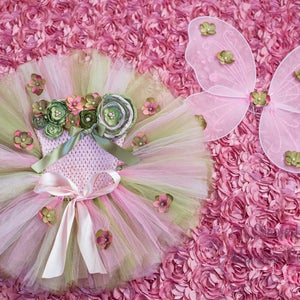 Fairy Costume, Baby Girl Cake Smash Birthday Outfit, Tutu Flower Crochet Tube Top Butterfly Pixie Wings, Moss Sage Olive Dress Newborn Photo image 2