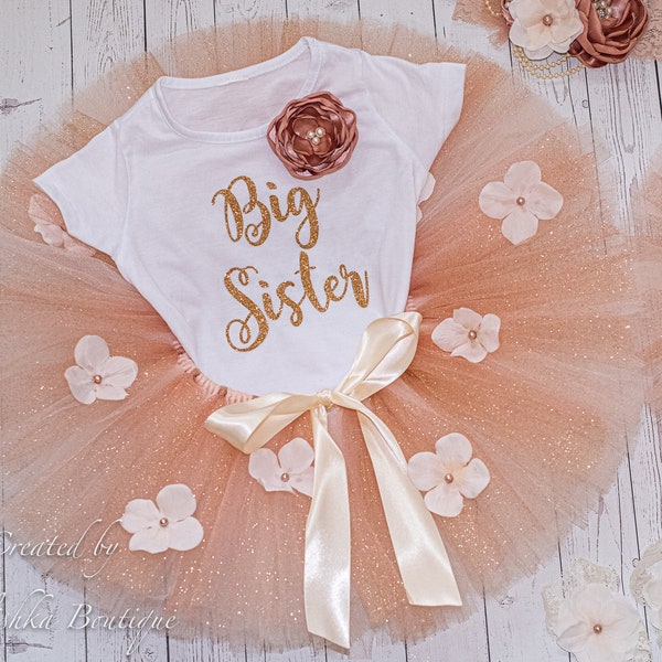 Big Sister Outfit, Flower Tutu, Glitter Tee Shirt, Glitter Bodysuit, Fabric Headband, Pearl Necklace Bracelet, Barefoot Sandals, Matching