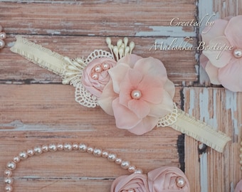 Diadema de flores de tela ruborizada, atuendo para niña para fiesta de cumpleaños, con perlas y hojas de encaje, accesorio para fotos de recién nacidas, regalo para baby shower, color pálido, medio cumpleaños