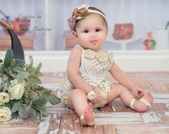 Vintage Style Romper, Cake Smash Outfit, Jumper Bodysuit, Felt Flower Headband, Barefoot Sandals, Pearl Bracelet, Cream Ivory, Lace Ruffles