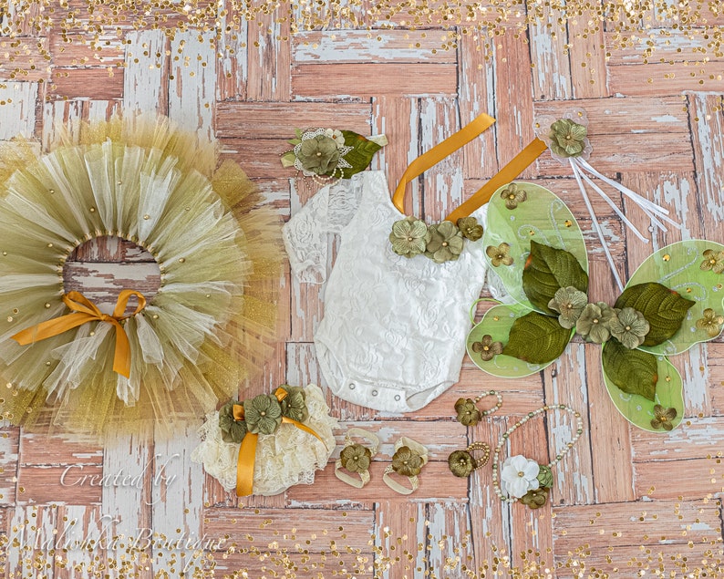 Baby Girl First Birthday Outfit Tutu Crochet Top Set Cream Gold Moss Sage Olive Green Fabric flowers dress glass pearl beads layered pageant
