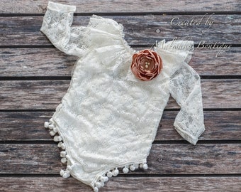 Cake Smash Lace Bodysuit, Baby Girl Long Sleeve Cotton Top Ruffle Open Back, boho pom poms, fabric flowers, pearls, Cake Smash Photo Outfit