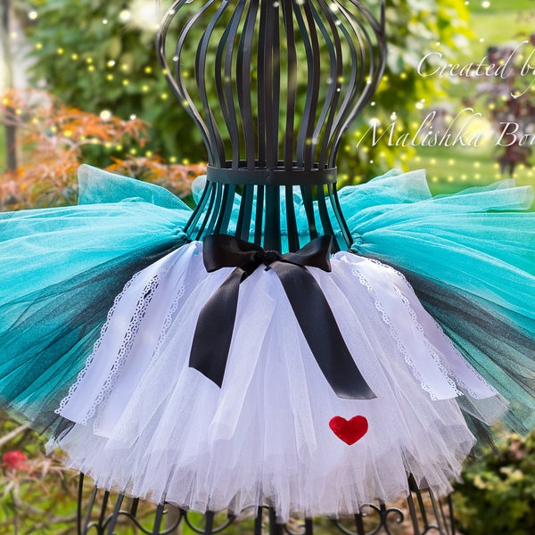 Alice in Wonderland Tutu Baby Girl, Teen, Adult, Turquoise Apron Skirt Black red heart ribbon cake smash outfit first birthday 6 month photo