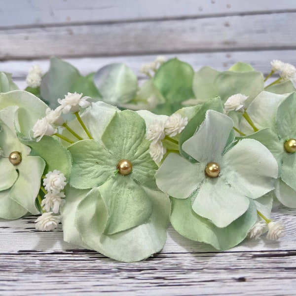 Mint Flower Hair Crown, Fairy Baby Girl Halo Costume, Sage Green, Elastic newborn headband, Cake Smash Birthday Outfit, white, flower girl