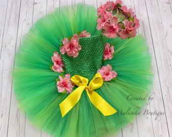 Luau Tutu Skirt, Top, Hair Crown Headband Outfit, Tulle azalea flower, coral salmon, apple, elastic Hawaii cake smash party, baby photoshoot
