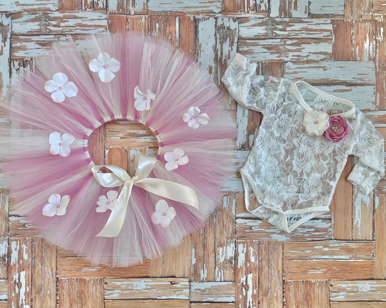 Cream Dusty Pink Lace Bodysuit Baby Girl Cake Smash Photo Outfit Long Sleeve Creeper Top w ribbon pearls fabric flowers Shower Gift