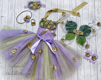 Long Tutu Fairy Cake Smash Outfit, Birthday Photo Costume, top, fabric headband, butterfly wings, pearl necklace, bracelet, barefoot sandals